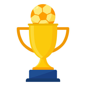 Golden trophy topped with a soccer ball in a clean flat vector style. Symbol of victory, achievement, and championship success, isolated on transparent background for sports concepts.