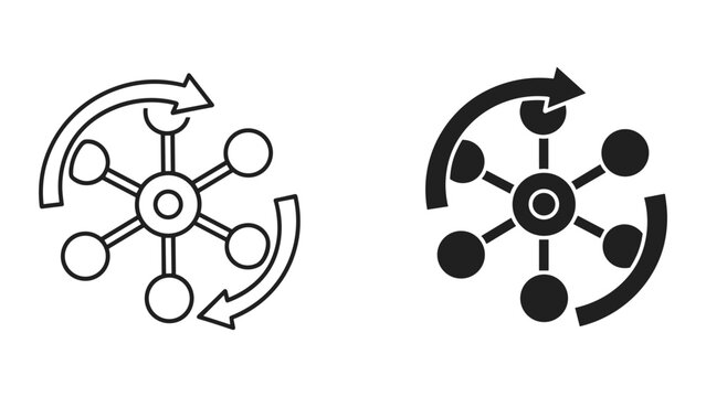 Vector illustrations of two black and white icons depicting circular process flow with arrows and connected nodes