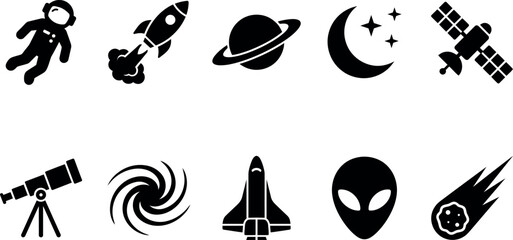 Black silhouettes of various space and astronomy icons and symbols on white background © SAYEDAJANNATUL