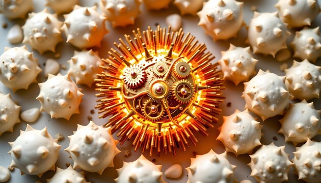 The image features a central mechanical gear system with interconnected cogs and gears, illuminated by a warm, golden light that highlights their intricate details