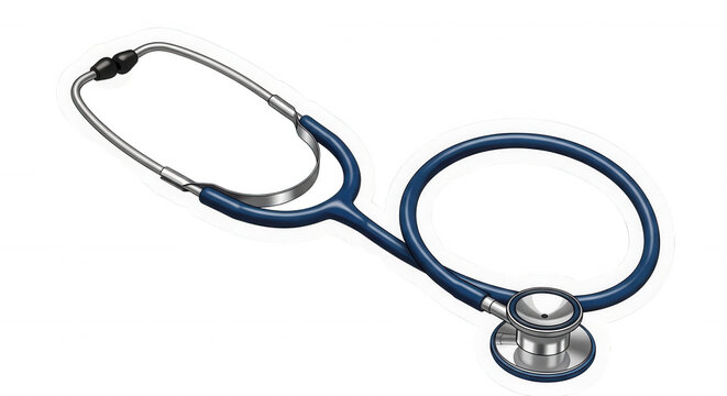 A blue medical stethoscope with silver metallic chest piece and ear tips, isolated on a solid black background, with a white, outline border