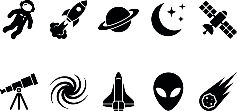 Black silhouettes of various space and astronomy icons and symbols on white background