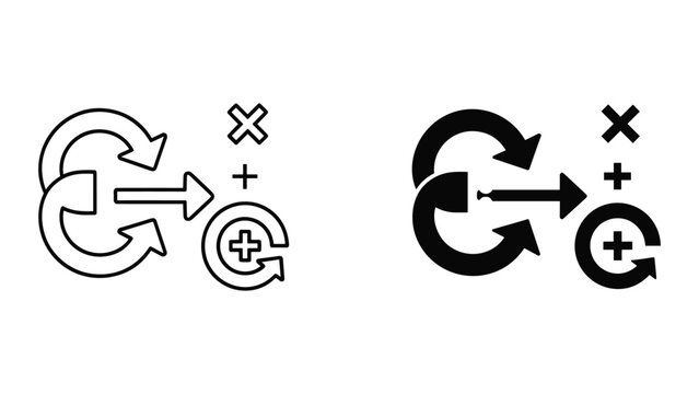 Black and white icons depicting data exchange and refresh symbols with plus and times signs