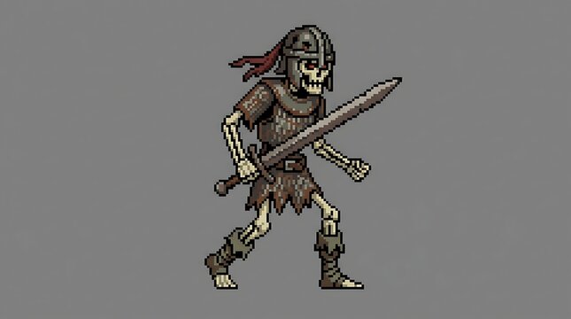 Pixel art skeleton warrior wearing rusted armor and holding a sharp sword