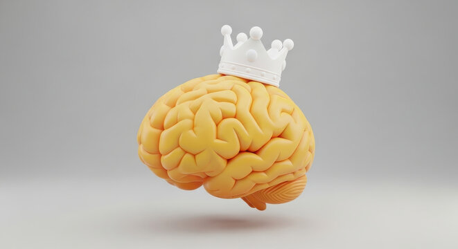 Human brain wearing crown symbolizing intelligence knowledge leadership and winning mindset