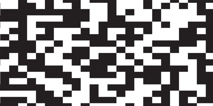 QR code abstract seamless pattern with black and white chaotic squares. Bw bg with matrix of encoded message or binary code for scanning by computer or smartphone. Vector monochrome tech background