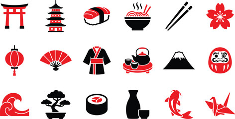 A collection of red and black minimalist icons representing various cultural symbols and traditional elements of Japan © Septarim