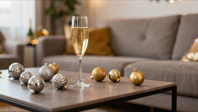 Glass of champagne with gold and silver ornaments on table in festive living room ideal for Christmas celebration marketing