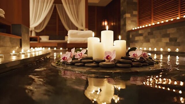 Serene spa interior with steaming water, lit candles, stacked white towels, and delicate pink orchids on smooth stones
