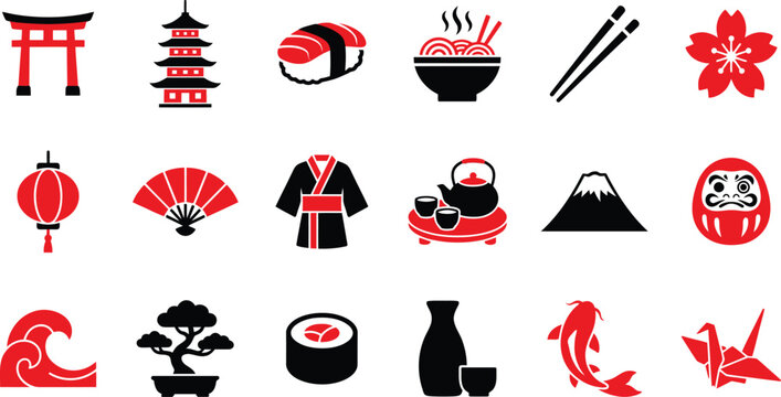 A collection of red and black minimalist icons representing various cultural symbols and traditional elements of Japan