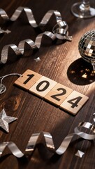 Wooden number blocks 1024 with disco ball and silver ribbons on wood ideal for New Year party and event invitation