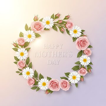 Happy mothers day floral wreath with pink roses and white daisies on pastel background