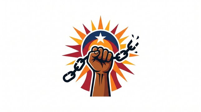 Juneteenth Symbol with Raised Fist Breaking Chains for Freedom and Equality on White Background