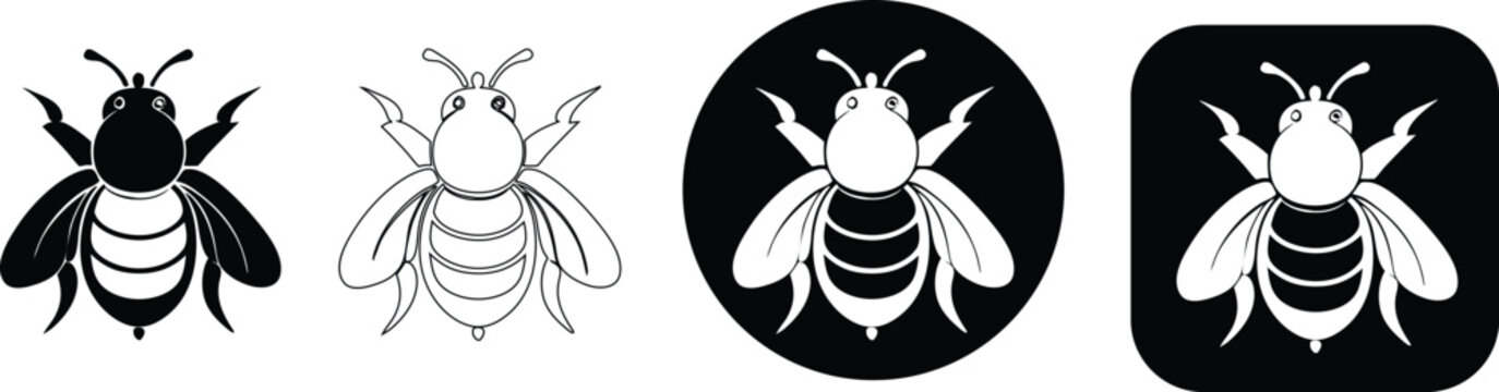 Four stylized bee solid black, outline, circle emblem, and square badge insect symbol
