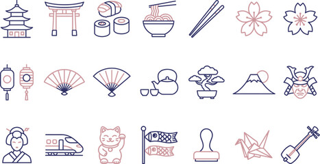 A collection of minimal linear icons representing various iconic cultural symbols and travel landmarks of Japan today. © Septarim