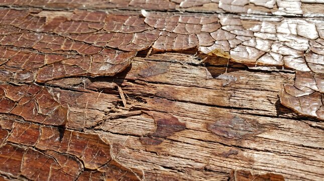 Weathered varnish peels off a boat deck's worn surface showing aged wood planks.