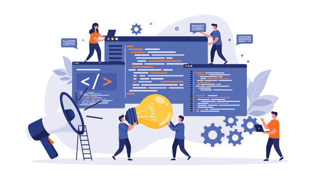 Technical team collaborating on software development and web programming with giant monitors and a lightbulb for creative ideas.