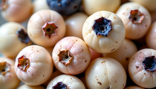 The image features a close up view of multiple white and pale pink berries with a smooth, rounded surface
