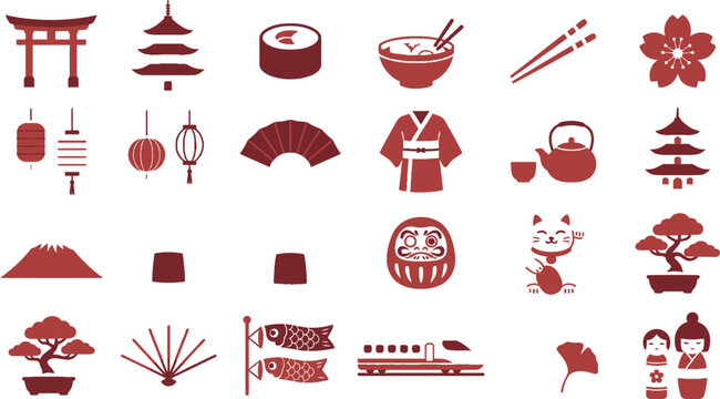 A collection of red and beige japanese culture icons including food landmarks animals and traditional objects