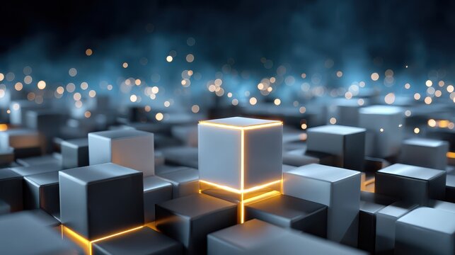 A glowing cube stands out among metallic cubes with illuminated edges against a blurred blue and black background with floating bokeh lights.