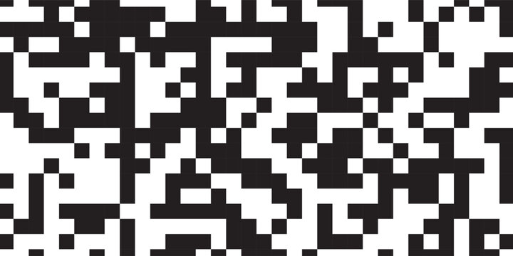 QR code abstract seamless pattern with black and white chaotic squares. Bw bg with matrix of encoded message or binary code for scanning by computer or smartphone. Vector monochrome tech background