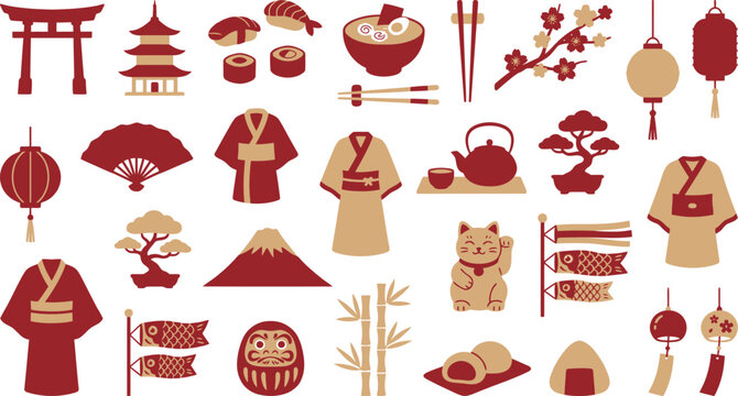 A comprehensive collection of traditional Japanese icons featuring cultural symbols like sushi, kimono, bonsai, and decorative lanterns