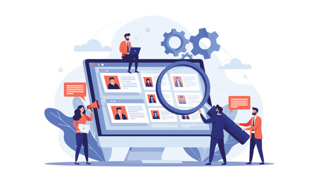 Professional recruitment team searching and selecting candidates from digital profiles on a large computer screen.