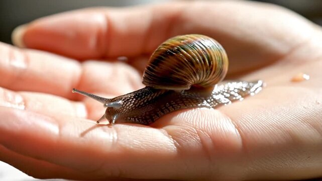 Garden snail crawling slowly across human palm in bright natural sunlight with premium cinematic macro shot for biology education and wildlife marketing