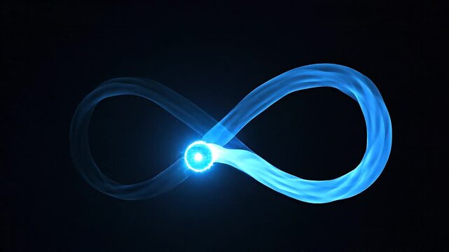 Glowing blue infinity symbol formed by a luminous ribbon of light against a stark black background Keywords: infinity symbol, infinity, symbol, blue, glowing, luminous, light