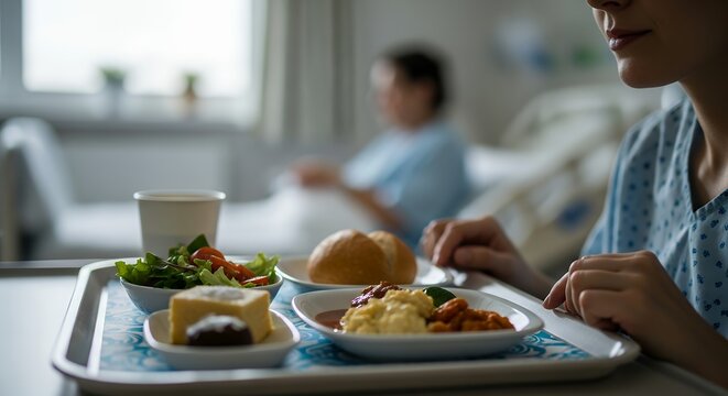 hospital patient receiving meal on tray