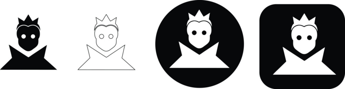 Four stylized king or queen in black and white, solid, outline, circular, and square formats
