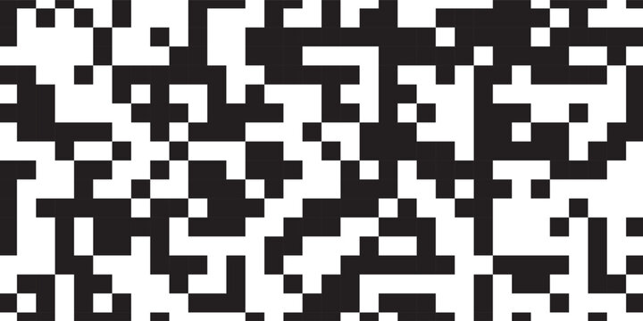 QR code abstract seamless pattern with black and white chaotic squares. Bw bg with matrix of encoded message or binary code for scanning by computer or smartphone. Vector monochrome tech background