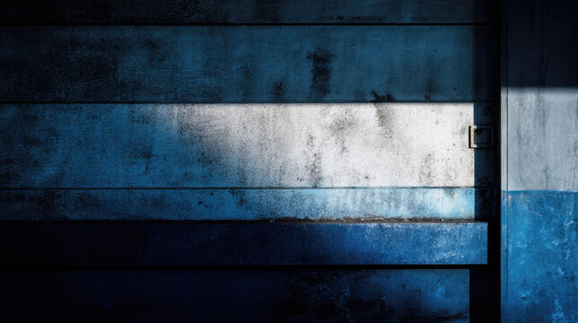 Blue wall texture abstract minimalist composition with thin beam of sunlight casting dramatic shadow across aged metal and concrete surface, moody lighting, high contrast, heavy grain