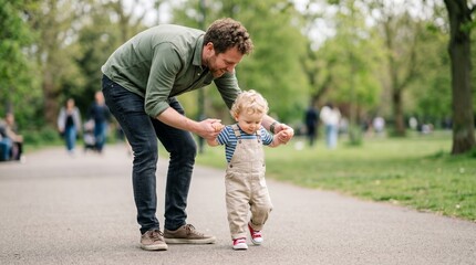 Obraz premium Father assisting toddler with first steps in park during spring 
