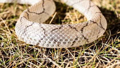 Fototapeta premium Shimmering coiled discarded snake shed skin resting on dry grassy ground, with hexagonal pattern