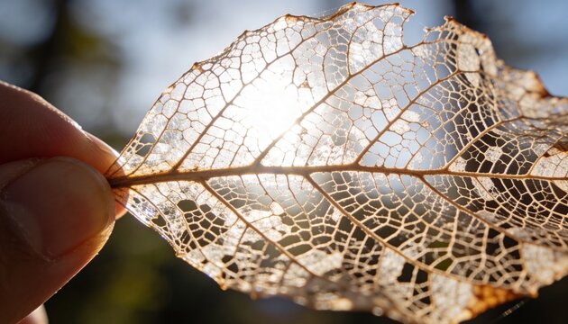 Displaying hand pinching skeleton leaf between thumb and index finger in park sunlight with bokeh