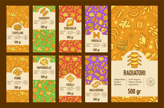Italian pasta labels set with patterns and icons, food packaging design templates