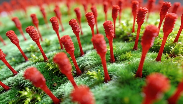 Displaying dense cluster rising from green moss on shaded forest floor, with red sporophyte stalks