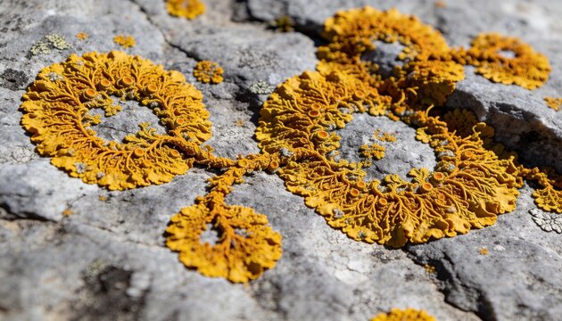 Displaying bright yellow-orange lichen colonies on exposed grey rock, showing orange apothecia