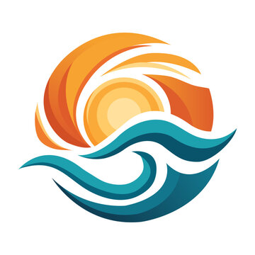 Logo agencia de viajes. Vacaciones de verano. Dibujo sencillo con la silueta de un sol con forma de remolino con olas de mar con curvas 