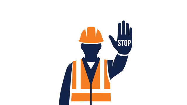 Silhouette of a construction worker in an orange safety vest and hard hat showing a hand stop sign on a white background.