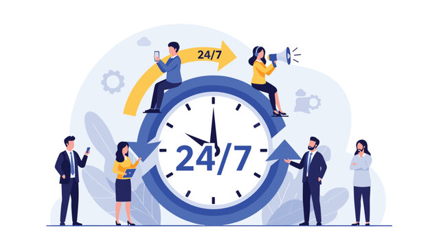 Business team working around a large clock with 24/7 text for around the clock customer support and service availability concept.