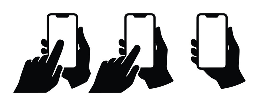 Smartphone hand gestures vector set. Mobile phone screen tap and hold icons. Black silhouette hands interacting with blank white phone display for UI/UX design.