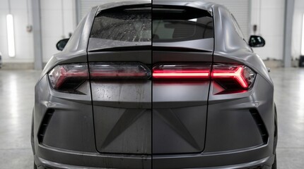 Fototapeta premium Rear View of a Grey car, Dirty and Clean Contrast