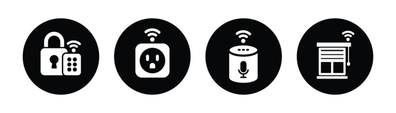 Smart Home Security Icons Set Smart Lock, WiFi Plug, Voice Assistant and Smart Blinds Symbols for IoT Home Automation and Connected Devices Minimal Black Vector