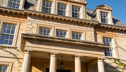 Obraz premium Showing centered entrance portico at manor with four columns, cornice with dentils, hanging lantern