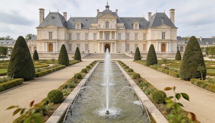 Fototapeta premium Standing neoclassical mansion facing formal parterre garden, with reflecting pool and fountain jets