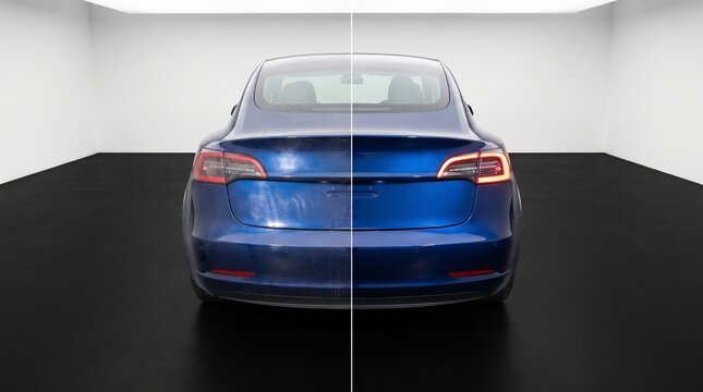 Cohesive Split Image Showing Dirty and Clean Blue Electric Car