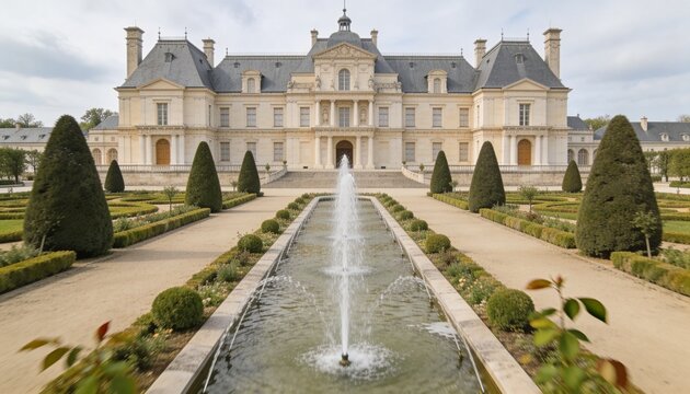 Standing neoclassical mansion facing formal parterre garden, with reflecting pool and fountain jets