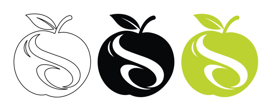 Modern Apple Logo Design, stylized S lettermark, versatile fruit icon in outline, black, and green vector formats, perfect for branding and healthy lifestyle concepts